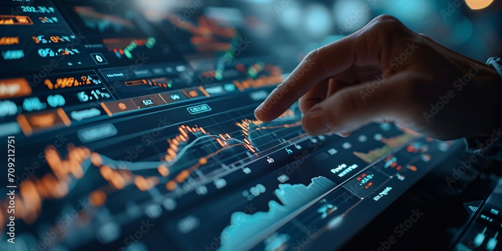 Interactive virtual display of trade market with stock prices and candlestick chart, moving averages, and rising earnings, all controlled by user's touch.