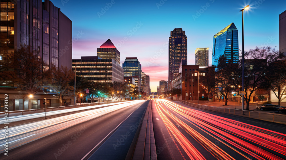 Fototapeta premium Metropol city by night with cars leaving light trails 