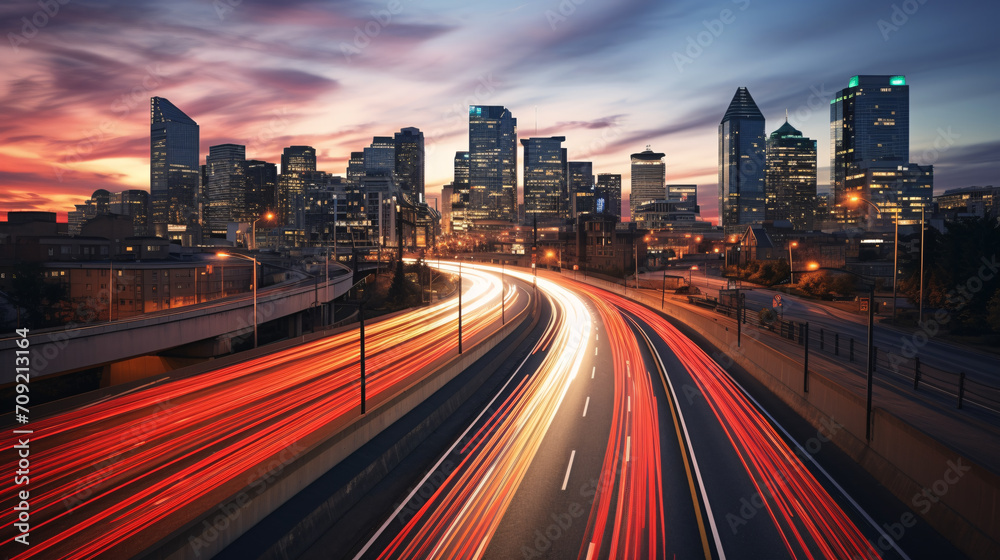 Fototapeta premium Metropol city by night with cars leaving light trails 