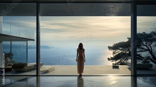 Female in contemporary home with view of sea. © ckybe
