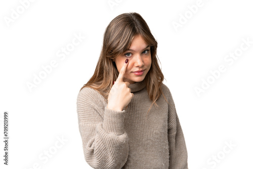 Young girl over isolated chroma key background showing something