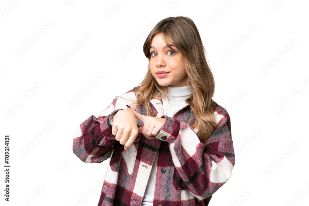 Young girl over isolated chroma key background making the gesture of being late Young girl over isolated chroma key background making the gesture of being late