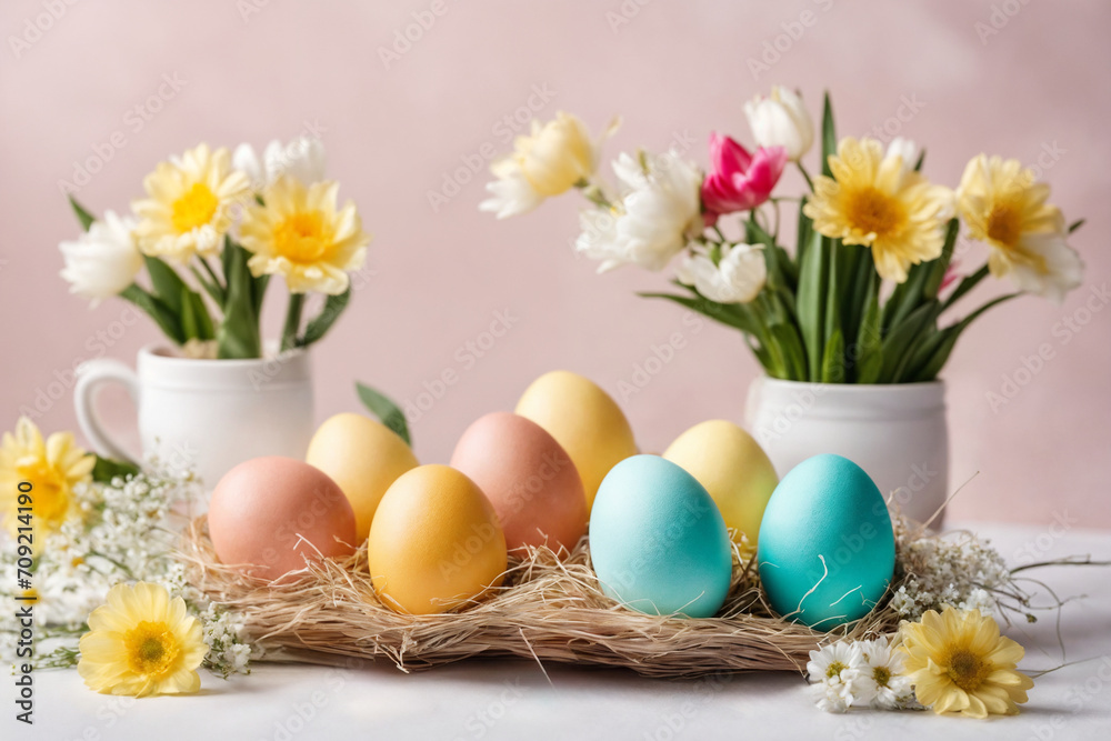 Spring Easter holiday. Background with eggs in nests and spring flowers. Greeting card background with copy space. Generative Ai