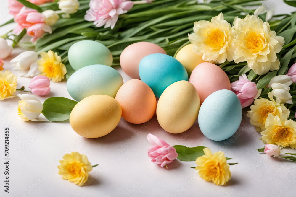Spring Easter holiday. Background with eggs in nests and spring flowers. Greeting card background with copy space. Generative Ai Spring Easter holiday. Background with eggs in nests and spring flowers. Greeting card background with copy space. Generative Ai