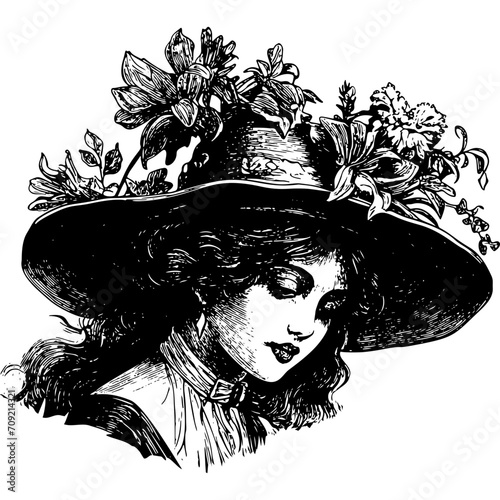 Old Fashioned Woman In Hat With Flowers