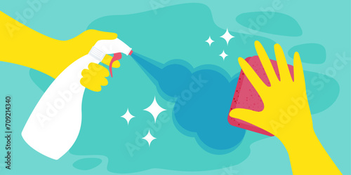 Hands in a yellow rubber gloves. Cleaning with spray detergent. Pink cleaning sponge. Surface cleaning in house. Vector illustration.