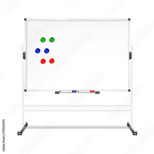 Blank writing whiteboard with magnets and markers on wheeled stand vector mock-up. Revolving magnetic white board with wheels realistic mockup