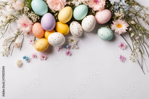 Spring Easter holiday top view. Flat lay background with eggs in nests and spring flowers. Greeting card background with copy space. Generative Ai