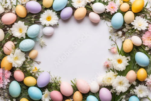 Spring Easter holiday top view. Flat lay background with eggs in nests and spring flowers. Greeting card background with copy space. Generative Ai