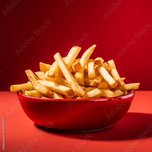 food photography, red plate with french fries on a red background created with Generative Ai