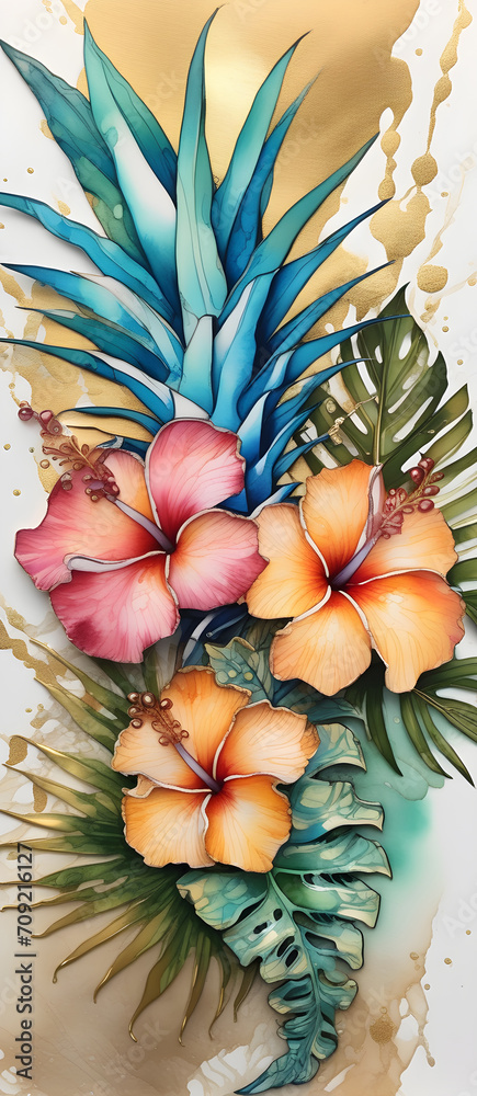 Obraz premium Tropical Alcohol Ink Painting Washed Colors Watercolor Artwork Colourful Wall Art Design