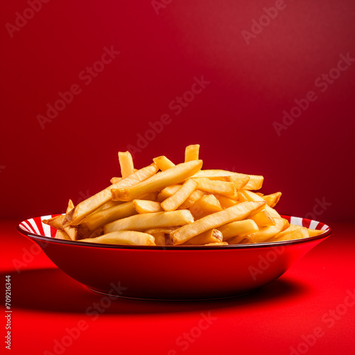 food photography, red plate with french fries on a red background created with Generative Ai