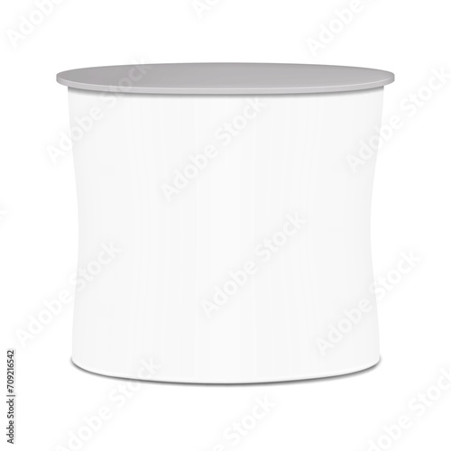 Trade show promotional table counter realistic vector mockup. White blank tradeshow plinth, podium, pedestal display stand mock-up. Template for design