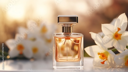 Exquisite Combination: Petite Perfume Bottle Accompanied by Enchanting Blooms - AI Generative