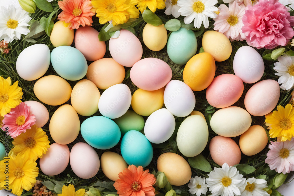 Spring Easter holiday top view. Flat lay background with eggs in nests and spring flowers. Greeting card background with copy space. Generative Ai Spring Easter holiday top view. Flat lay background with eggs in nests and spring flowers. Greeting card background with copy space. Generative Ai