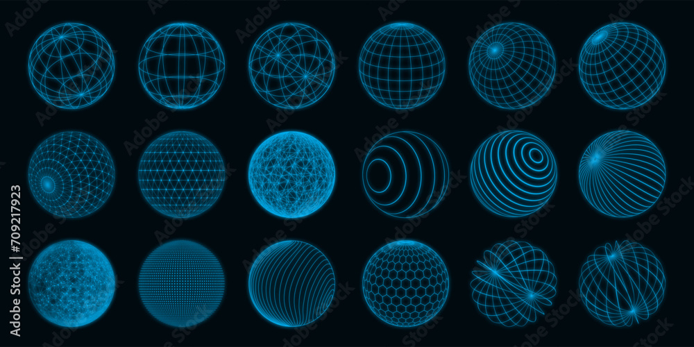 Abstract shapes. 3D line grid design spheres with dot particles. Technology globe figure elements. Neon blue. Concentric circles. Geometric icon. Latitude stripe. Vector round forms set