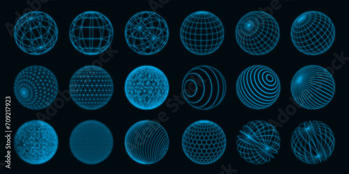 Abstract shapes. 3D line grid design spheres with dot particles. Technology globe figure elements. Neon blue. Concentric circles. Geometric icon. Latitude stripe. Vector round forms set