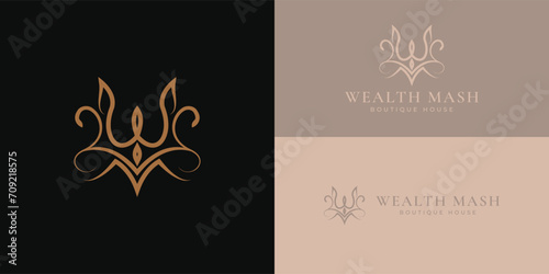 Abstract initial letter WM or MW logo in gold crown color isolated in black background applied for boutique fitness studio logo also suitable for the brands or companies have initial name MW or WM.