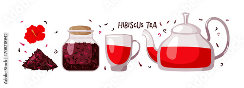Hibiscus tea. Glass cup and teapot with tea, dry hibiscus petals, fresh flower, Full dry petal jar closed with cork. Delicious tea-party isolated on white background for party design, menu, store.