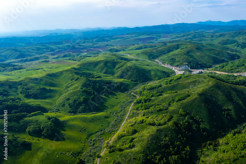 Drone view on forested mountain peaks, beautiful valleys, wildlife of Kazakhastan