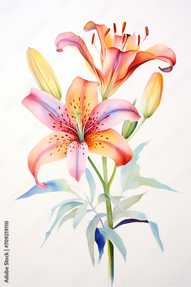 colorful ink wash painting on a white background of a lilly created with Generative Ai colorful ink wash painting on a white background of a lilly created with Generative Ai