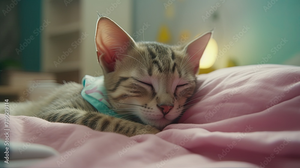 Little tabby kitten sleeping on a sofa. Funny home pet. Concept of relaxing and cozy wellbeing