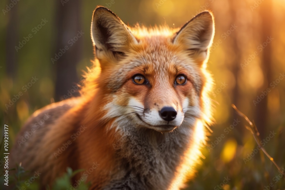 Beautiful close-up portrait of a fox in the forest at sunset in the grass. Beautiful close-up portrait of a fox in the forest at sunset in the grass.