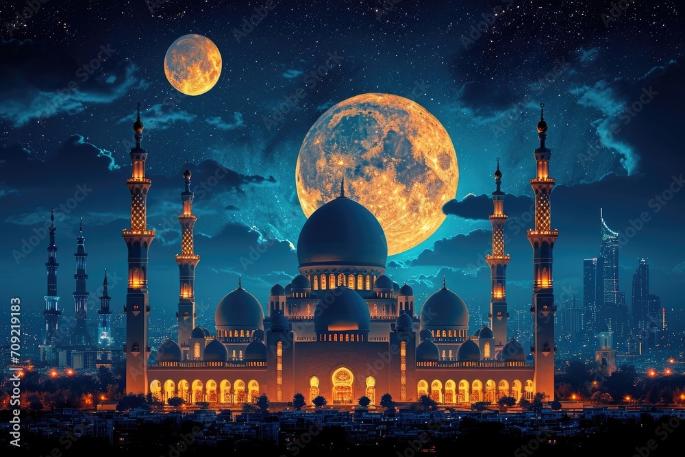 Naklejka premium Ramadhan Kareem Splendor Lanterns and Mosque Background in Light Navy and Gold