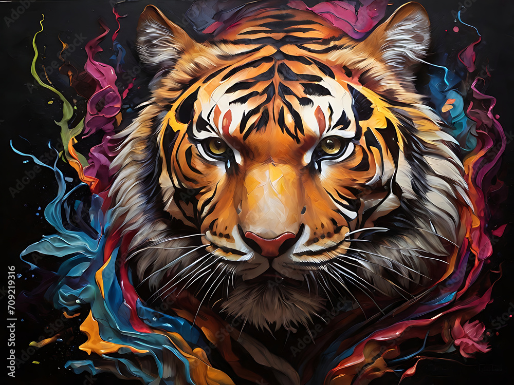  painting of a tiger with vibrant colors on a dark canvas