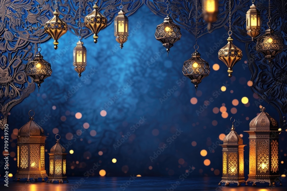 Ramadhan Kareem Splendor Lanterns and Mosque Background in Light Navy and Gold Ramadhan Kareem Splendor Lanterns and Mosque Background in Light Navy and Gold