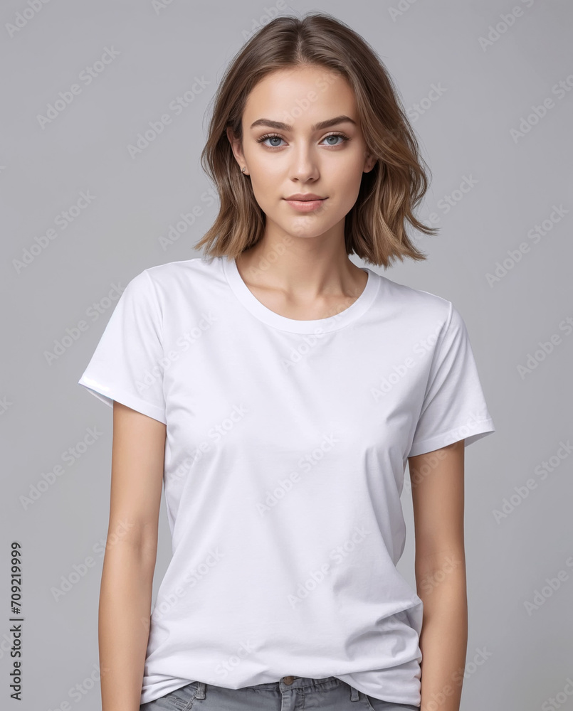 Fototapeta premium woman in a white T-shirt, mockup for design selling online