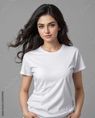 woman in a white T-shirt, mockup for design selling online 