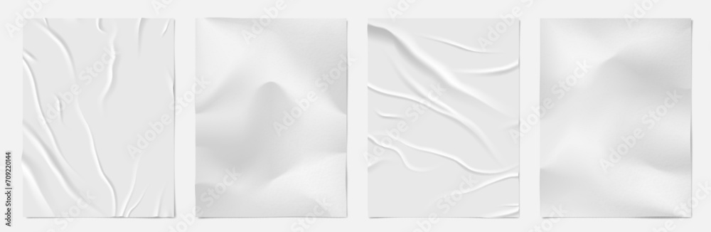 Paper poster. Wrinkle mockup effect, wet old plastic glued wall, old white grunge texture, glue with crease, blank sheet. Blank document template. Vector transparent background Paper poster. Wrinkle mockup effect, wet old plastic glued wall, old white grunge texture, glue with crease, blank sheet. Blank document template. Vector transparent background