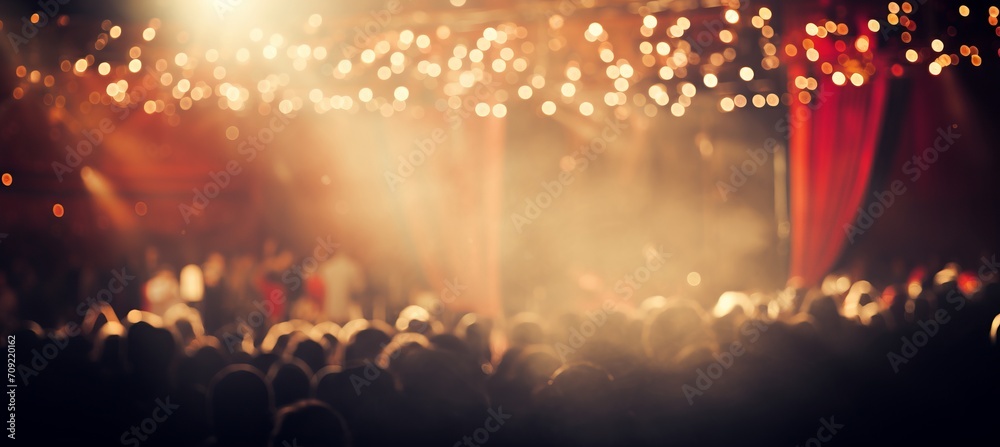 Enchanting blurred bokeh of a grand broadway theater stage with sparkling chandeliers - obrazy, fototapety, plakaty 