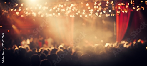 Enchanting blurred bokeh of a grand broadway theater stage with sparkling chandeliers photo