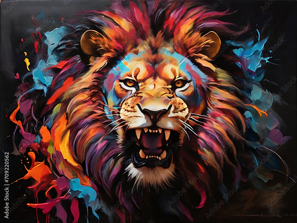 painting of an aggressive and muscular lion with vibrant colors on a dark canvas