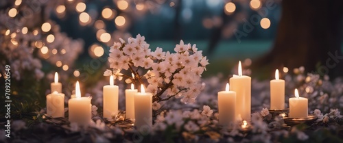 beautiful flowering tree in spring with burning white candles decoration on blurred garden background