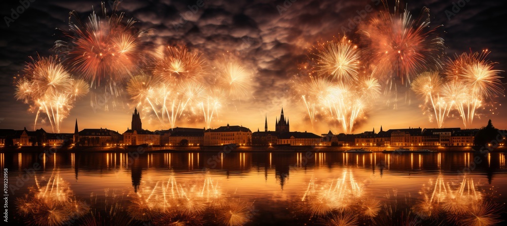 Spectacular display of vibrant fireworks illuminating a festive new year celebration background
