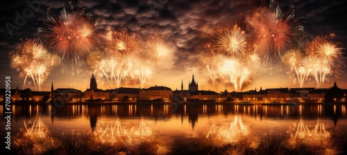 Spectacular display of vibrant fireworks illuminating a festive new year celebration background