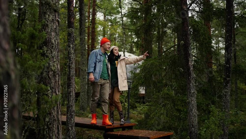 Wallpaper Mural Pair Of Tourists In Nature, Resting In Camping In Pine Forest, Eco-Tourism And Traveling Torontodigital.ca