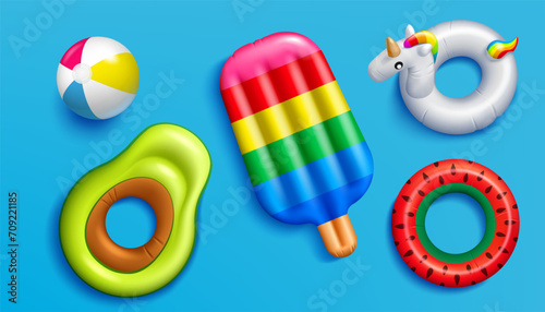 Pool floats. 3D summer beach inflatable ball. Water swim tube and fruit. Top view. Sea ring and donut. Inflated ice cream. Watermelon and avocado shapes. Vector render elements set