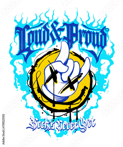Rock hand gesture icon featuring a grunge happy face emoji in street style, adorned with slogans and flames proudly declaring that rock is never out. Ideal for T-shirt prints or poster art designs