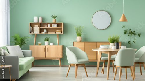 Scandinavian home interior design of modern living room. chairs at round wooden dining table in room with sofa and cabinet near green wall. Scandinavian, mid-century home interior design of modern  © Magdalena