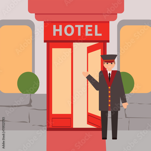Hotel with doorman, red door and yellow window 