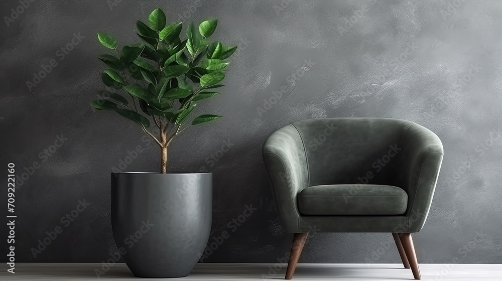 Part of the interior in a minimalist style against the background of a dark gray concrete wall. Dark grey armchair and a big house plant in a big vase in modern home decoration.