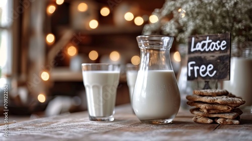 Lactose-free milk in a glass and jug and a sign. Concept: nutrition and products for allergy sufferers. Food with beneficial properties. Farm products without harmful substances. 