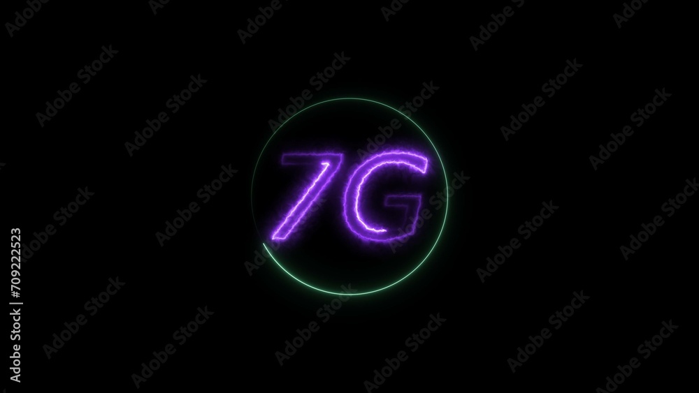 Abstract neon light purple color 7G text. Turquoise circle black background 4k illustration. Abstract neon light purple color 7G text. Turquoise circle black background 4k illustration.