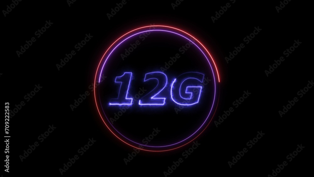 Abstract neon light blue color 12G text illustration. Red and blue circle black background 4k illustration.