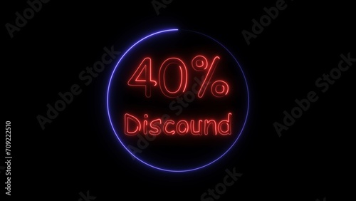  Abstract red color 40% Discount glowing neon light Text illustration. Purple circle black background 4k neon sign illustration.