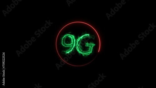 Abstract neon light green color 9G text illustration. Red circle black background 4k illustration.